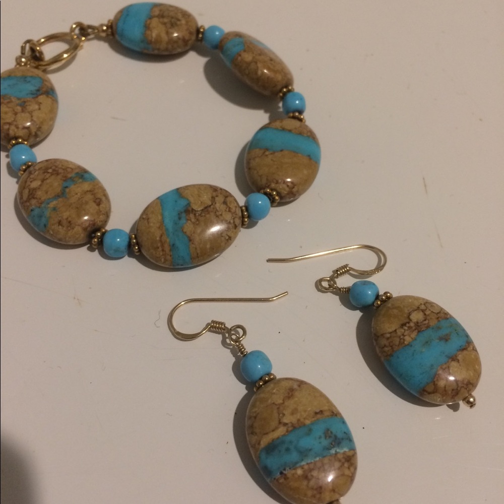 Turquoise and Tan Faux Stone Bracelet Set